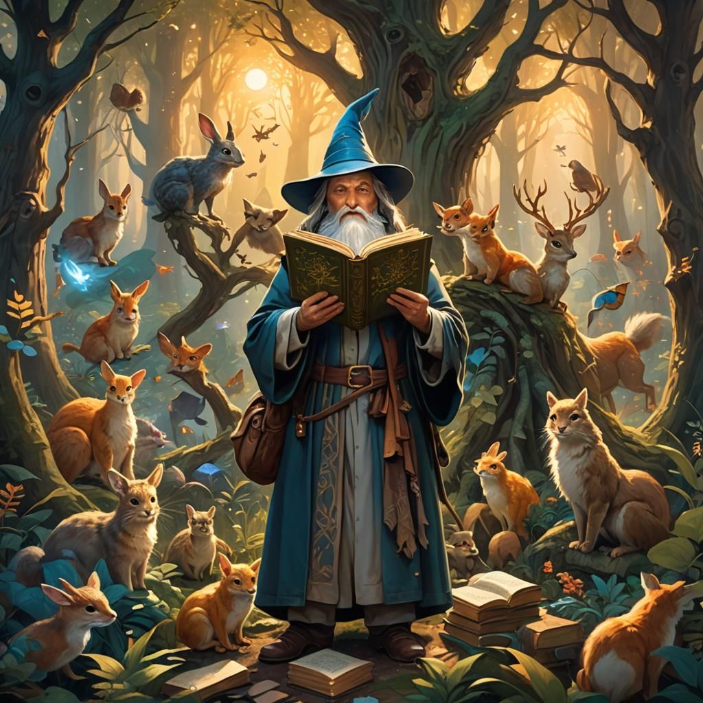 Wizard with Magical Book in Mystical Forest