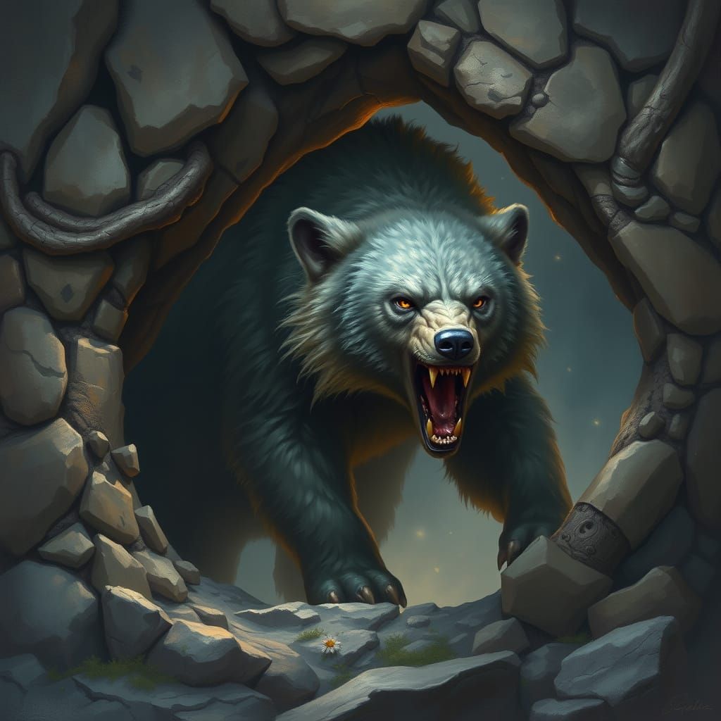 Fantasy Dire Wolf Cave Bear Hybrid in Mystical Landscape