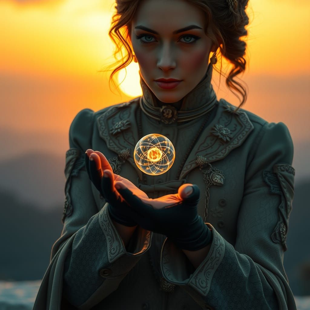 Victorian Woman Holds God Particle at Sunset