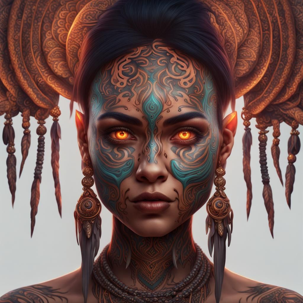 Tribal Woman with Glowing Eyes, Detailed Matte Painting