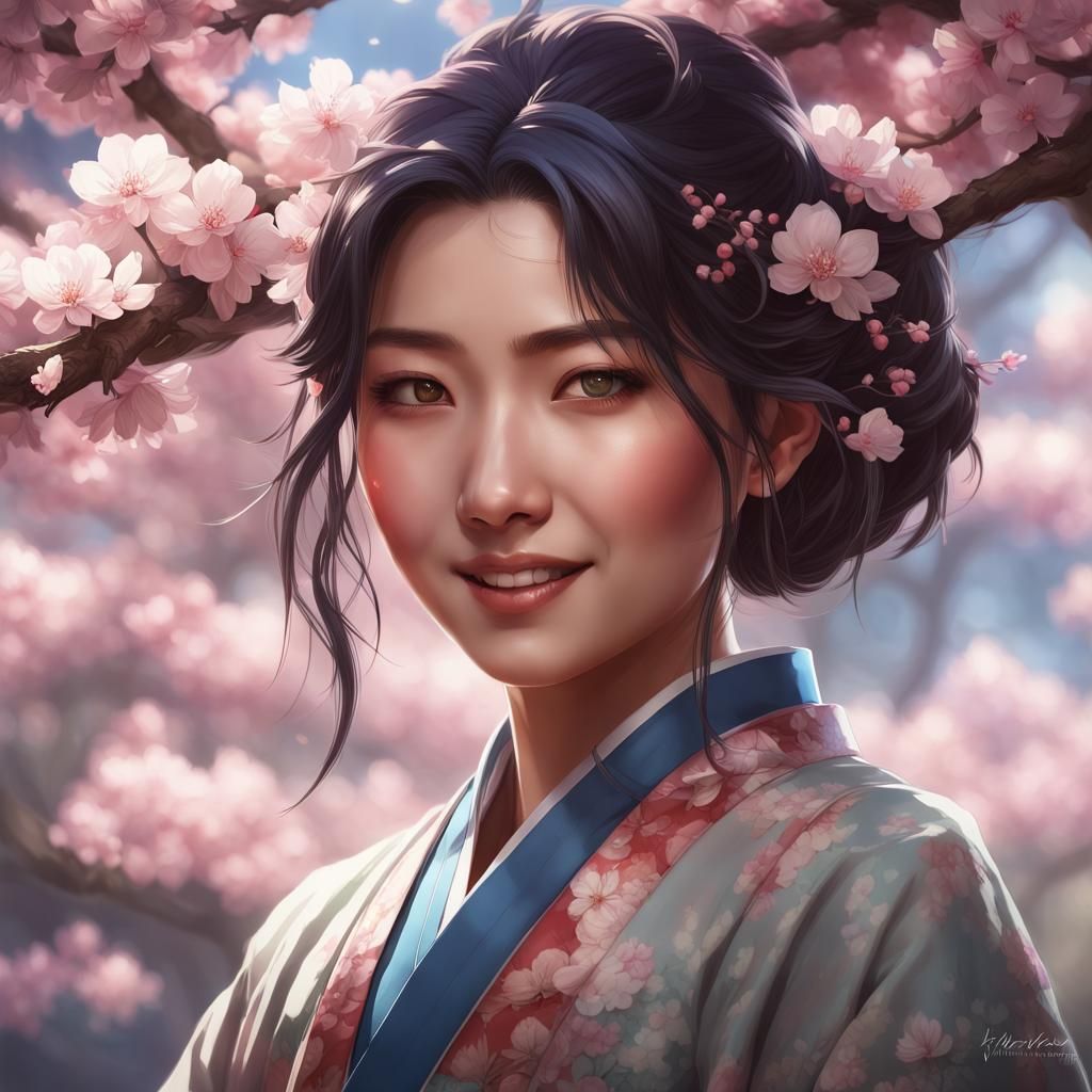 Smiling Asian Woman in Cherry Garden, Art Nouveau Portrait