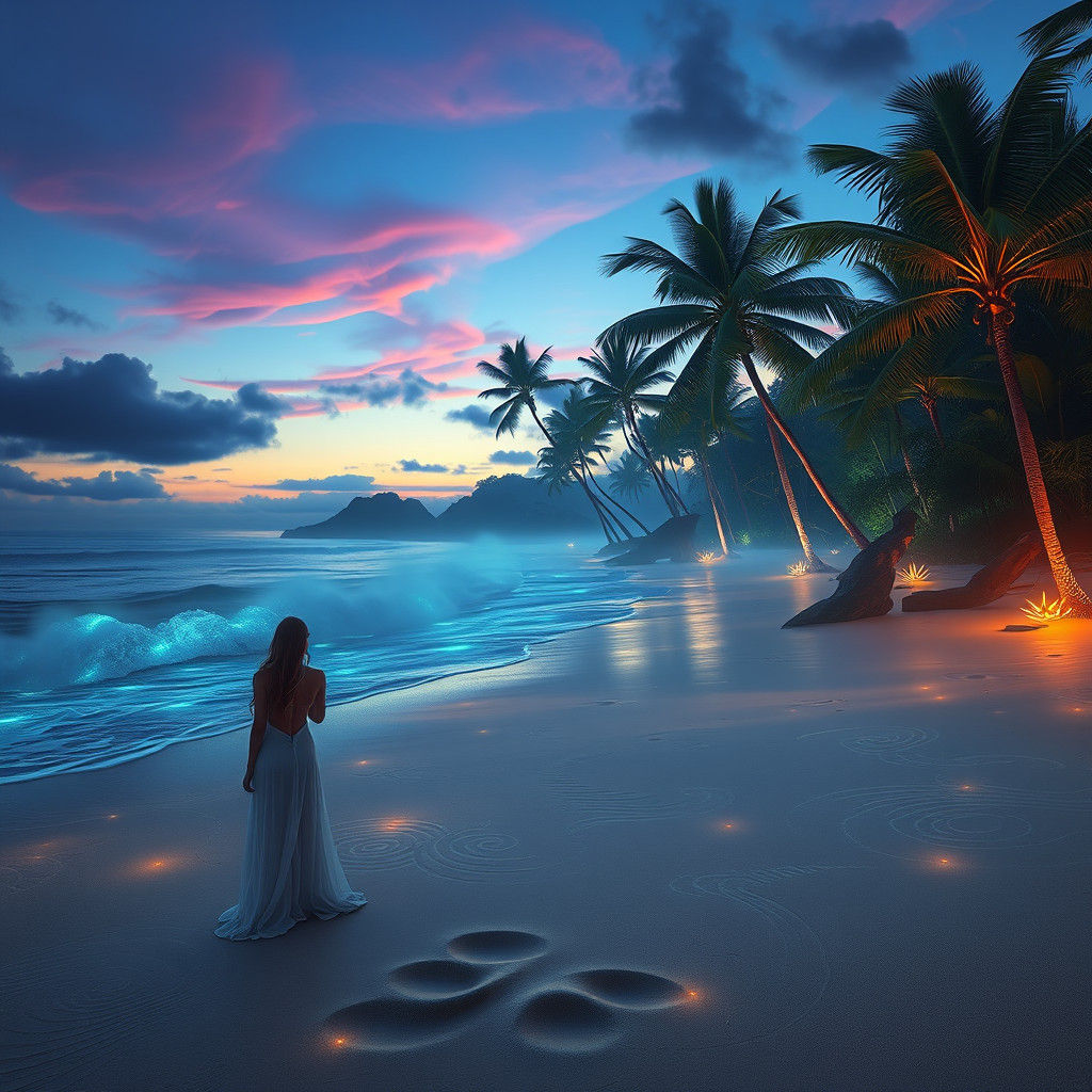 Mystical Beach Maiden in Dreamlike Landscape