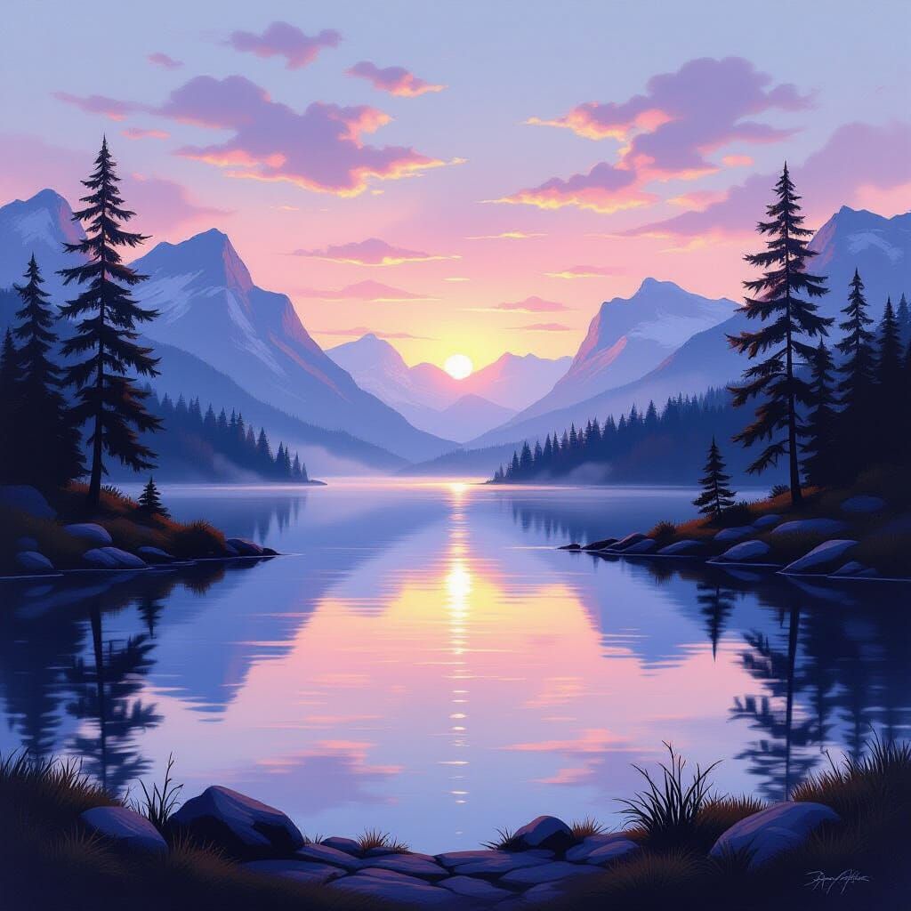 Serene Mountain Lake at Dawn Oil Painting