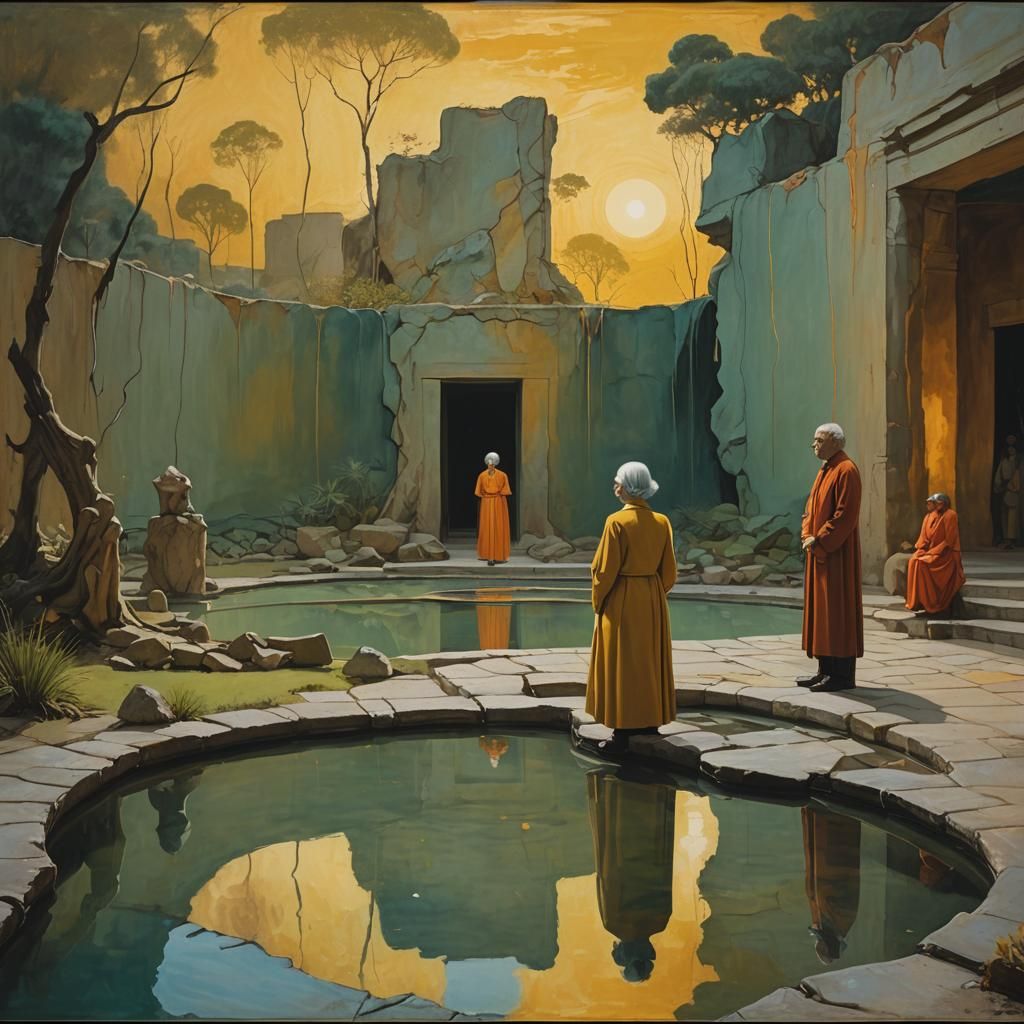 Woman at Sacred Pool: Surrealist Concept Art