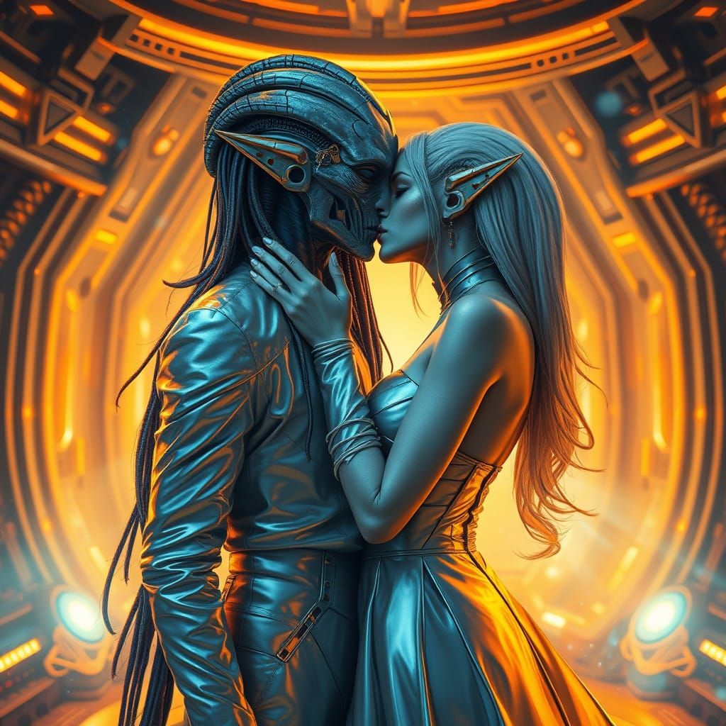 Alien Couple Shares Tender Kiss in Sci-Fi Room
