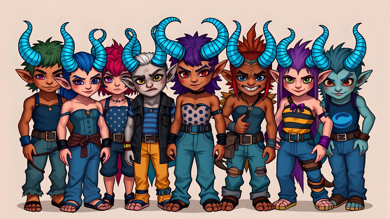 Colorful Tieflings with Blue Horns and Corsets