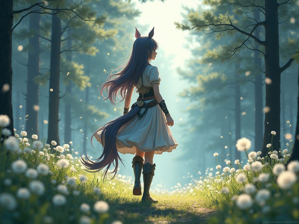 Anime Character in Starry Outfit in Windswept Forest