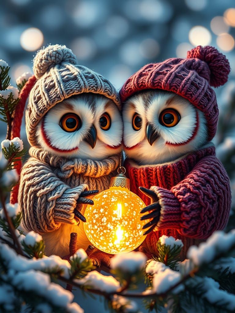 Cozy Winter Owlets Embracing Festive Magic