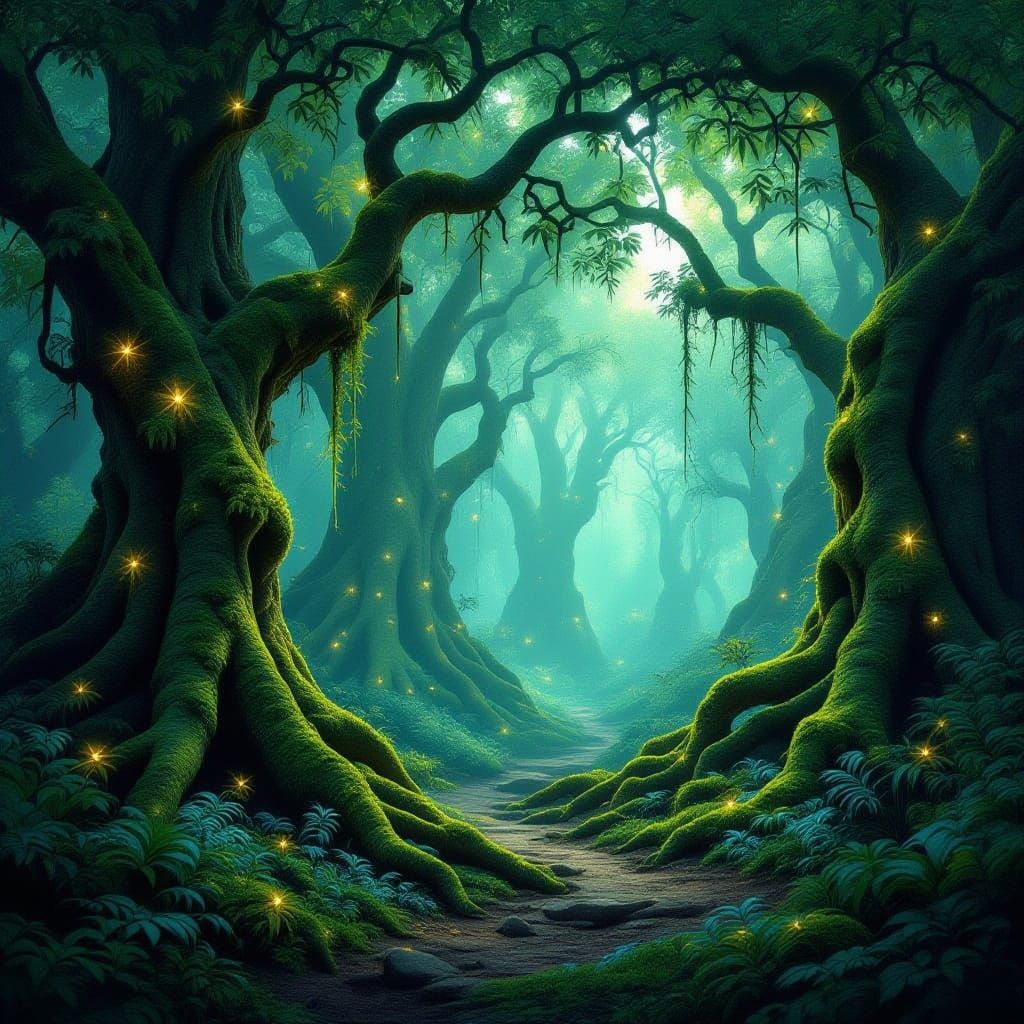 Ethereal Forest Clearing with Glowing Moss Archway