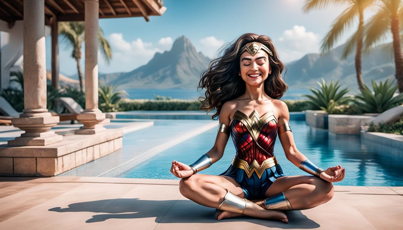 Wonder Woman Meditating: Hyperrealistic Vacation Scene
