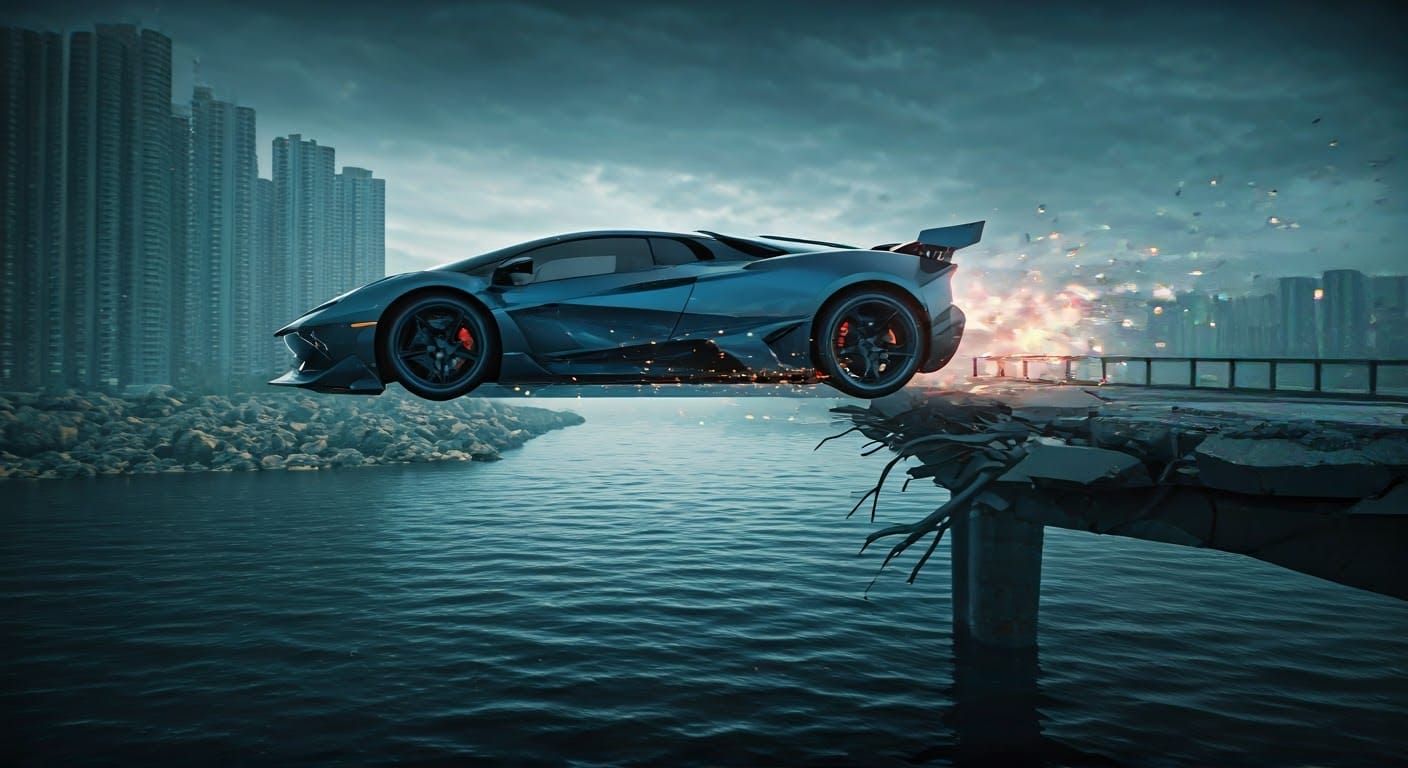 Futuristic Supercar Leap: Hyperrealistic Concept Art