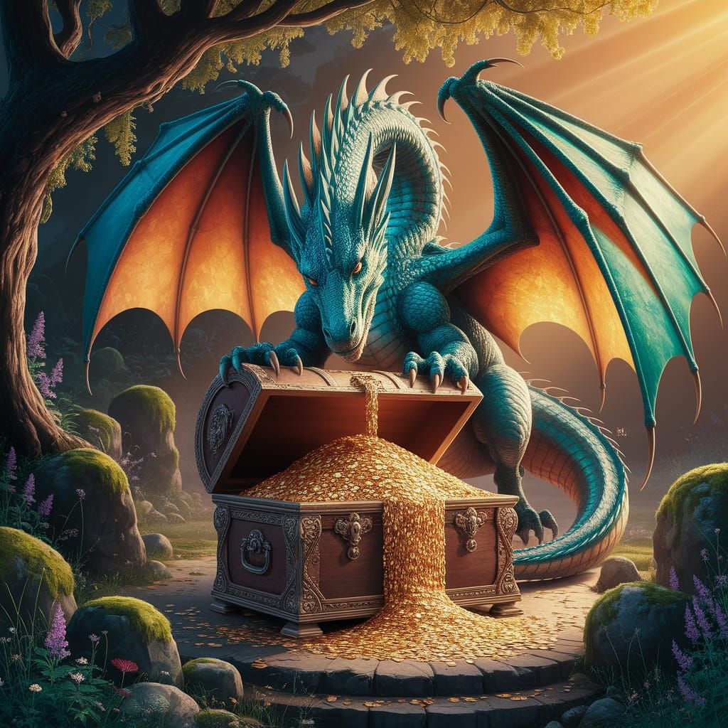 Emerald Dragon Guarding Treasure Chest in Forest