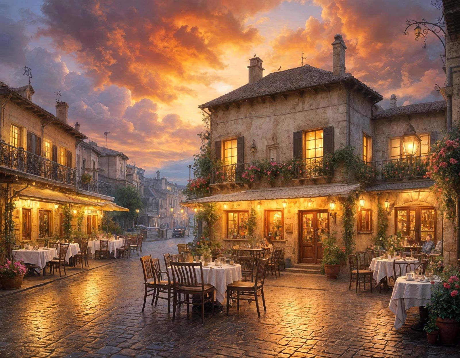 Ethereal Sicilian Town at Evening with Thomas Kinkade Influe...