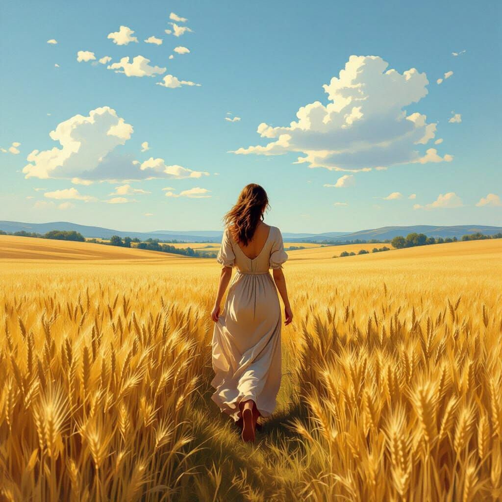 Woman Walks Through Golden Wheat Field as Pastoral Landscape