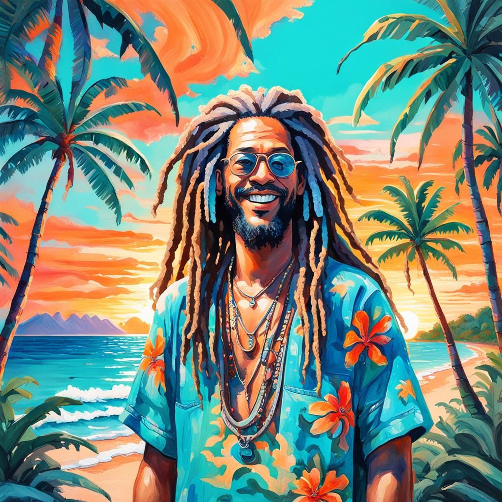 Tropical Hippie in Gouache Style on Island Beach