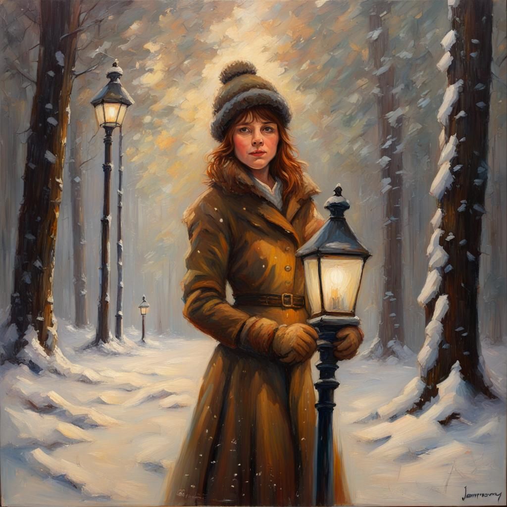Narnia Lamp Post in Snowy Forest: Oil Painting