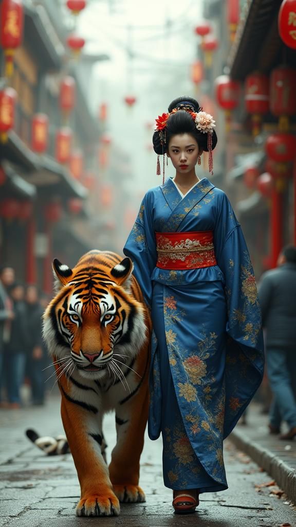 Geisha and Tiger in Chinatown: Detailed Matte Painting