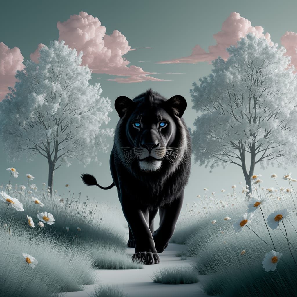 Ethereal Black Lion in White Meadow