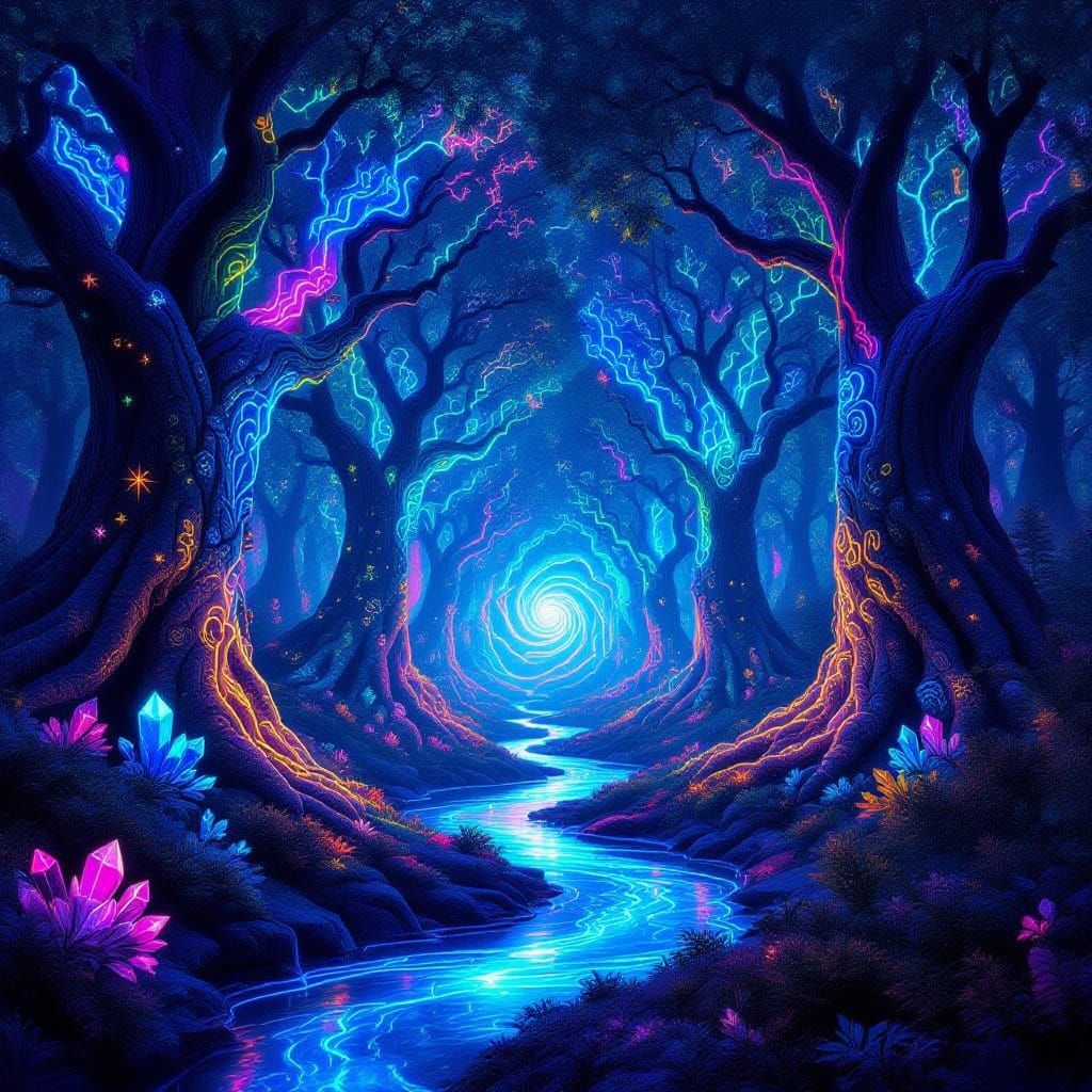 Surreal Neon Forest at Night With Fractal Patterns
