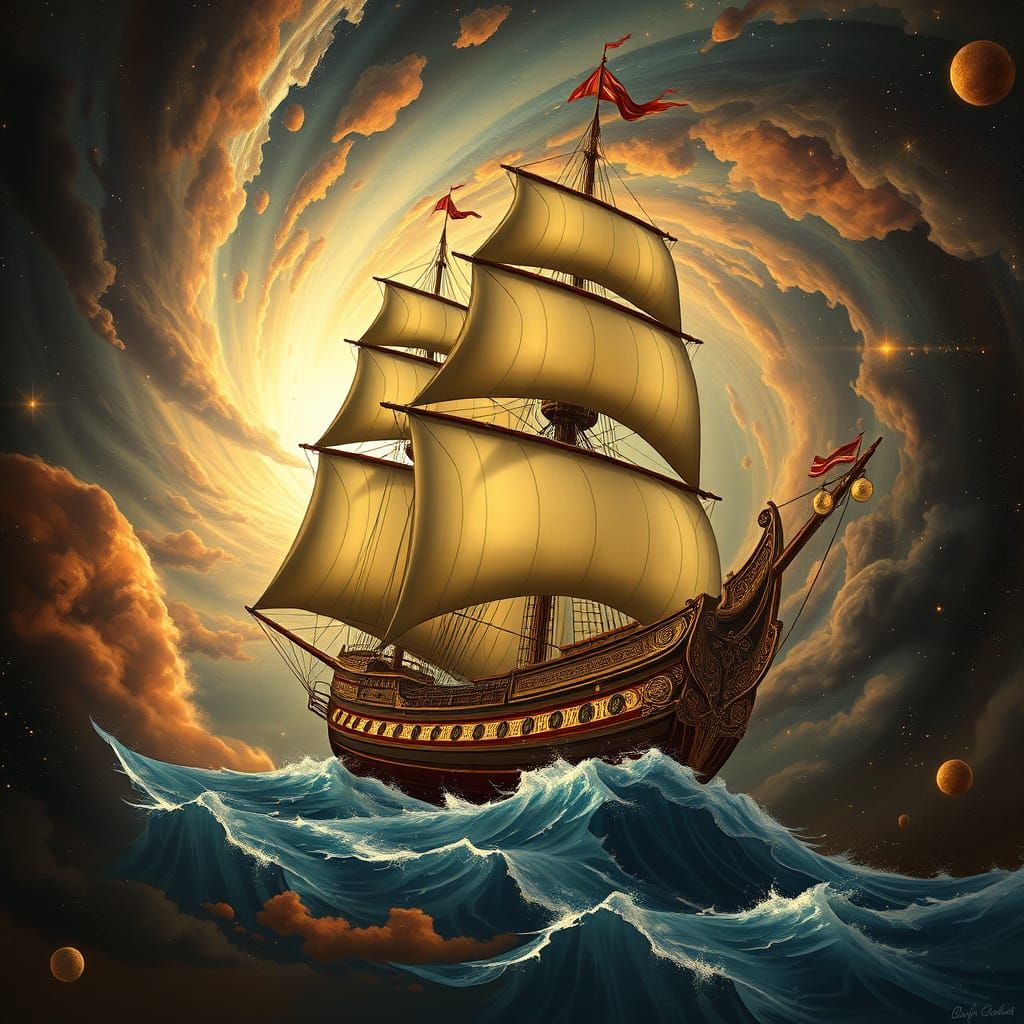 Galleon Sailing Through Nebula in Art Nouveau Style