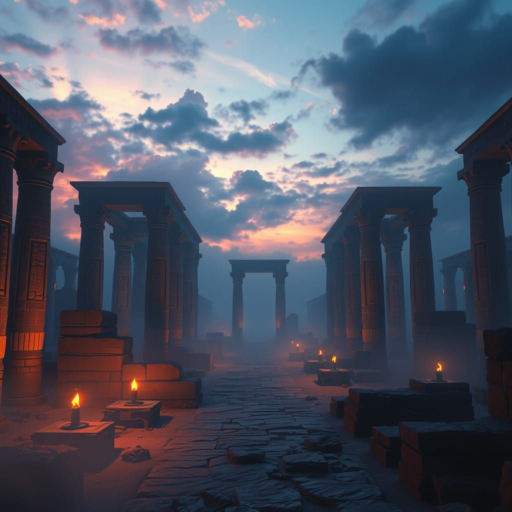 Egyptian Temple Ruins at Dusk in a Haunting Fantasy World