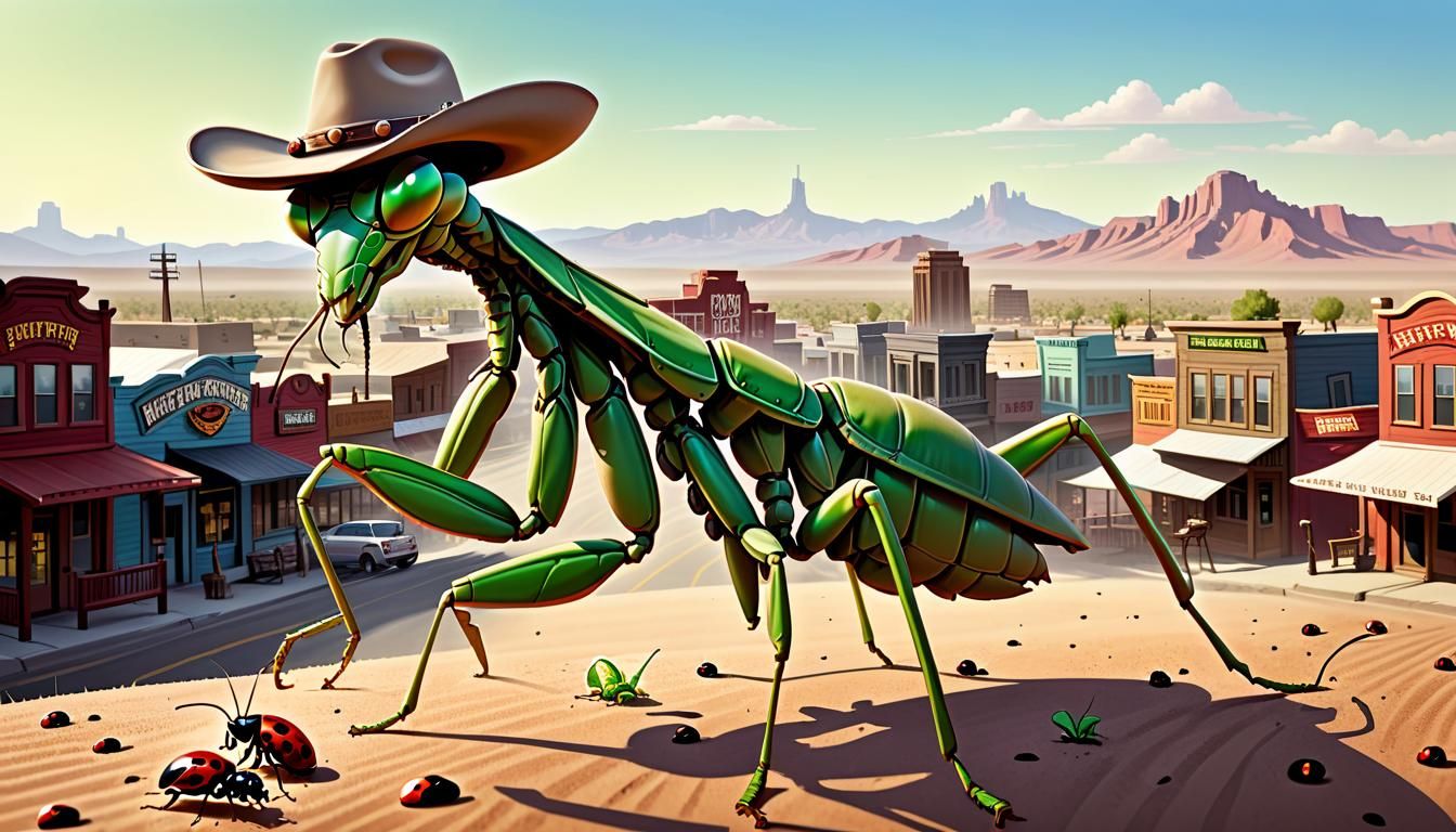 Cartoon Mantis Gunslinger Herding Ladybugs in Western Town