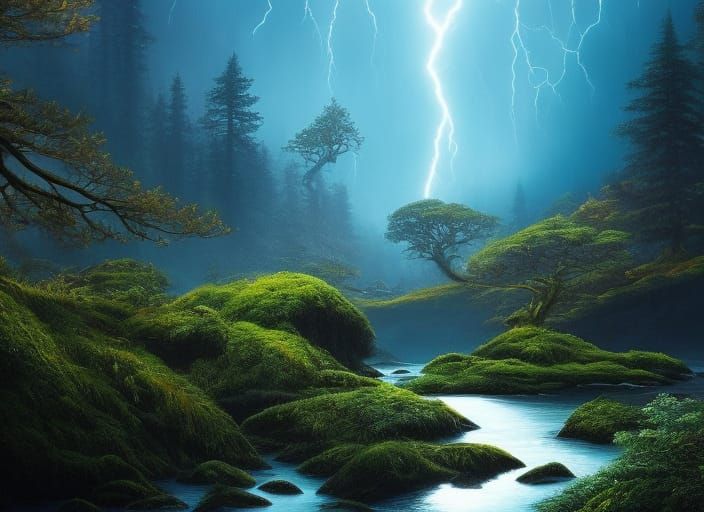 Magical Tree in Lake with Lightning Strike