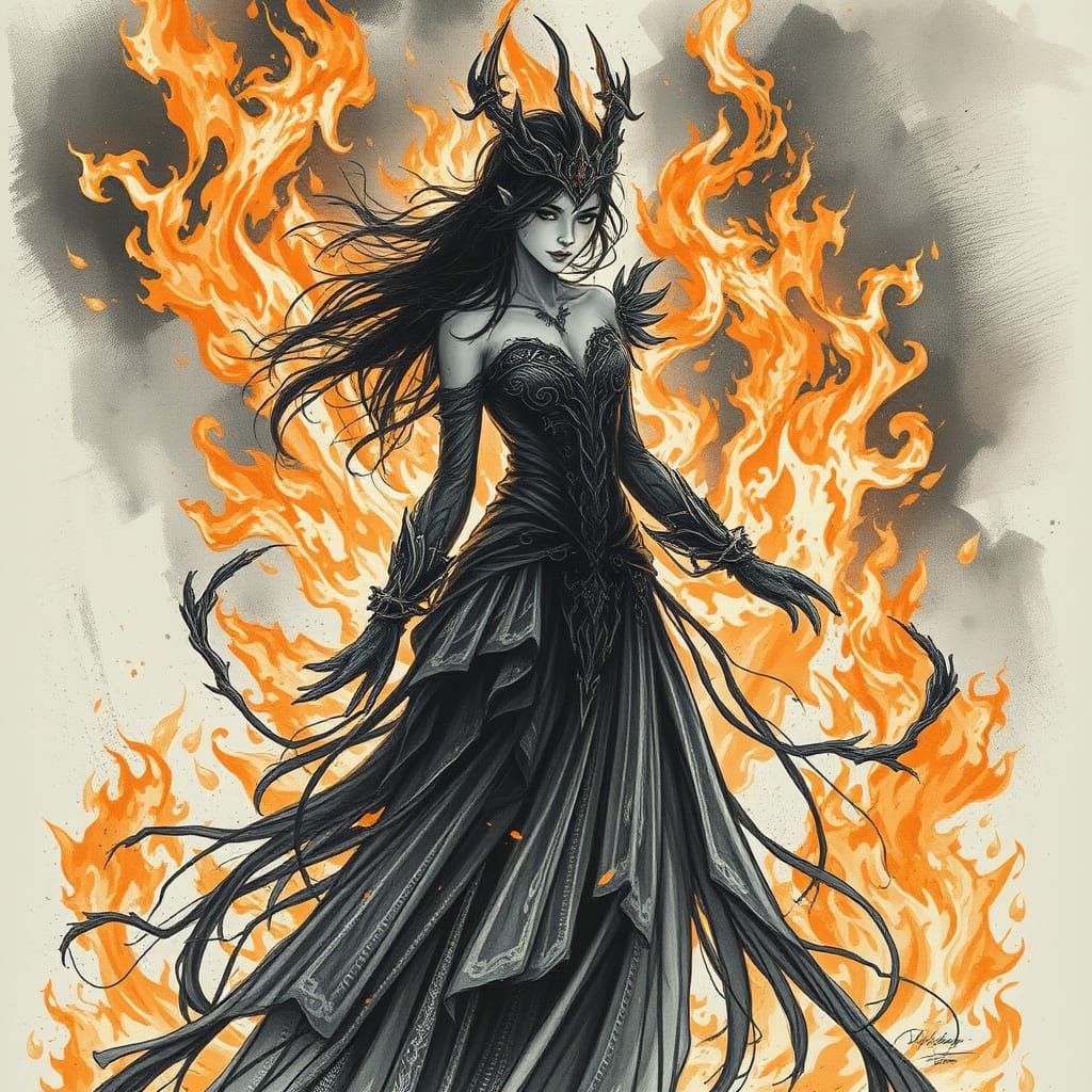 Mystical Fire Princess in Charcoal Drawing Style