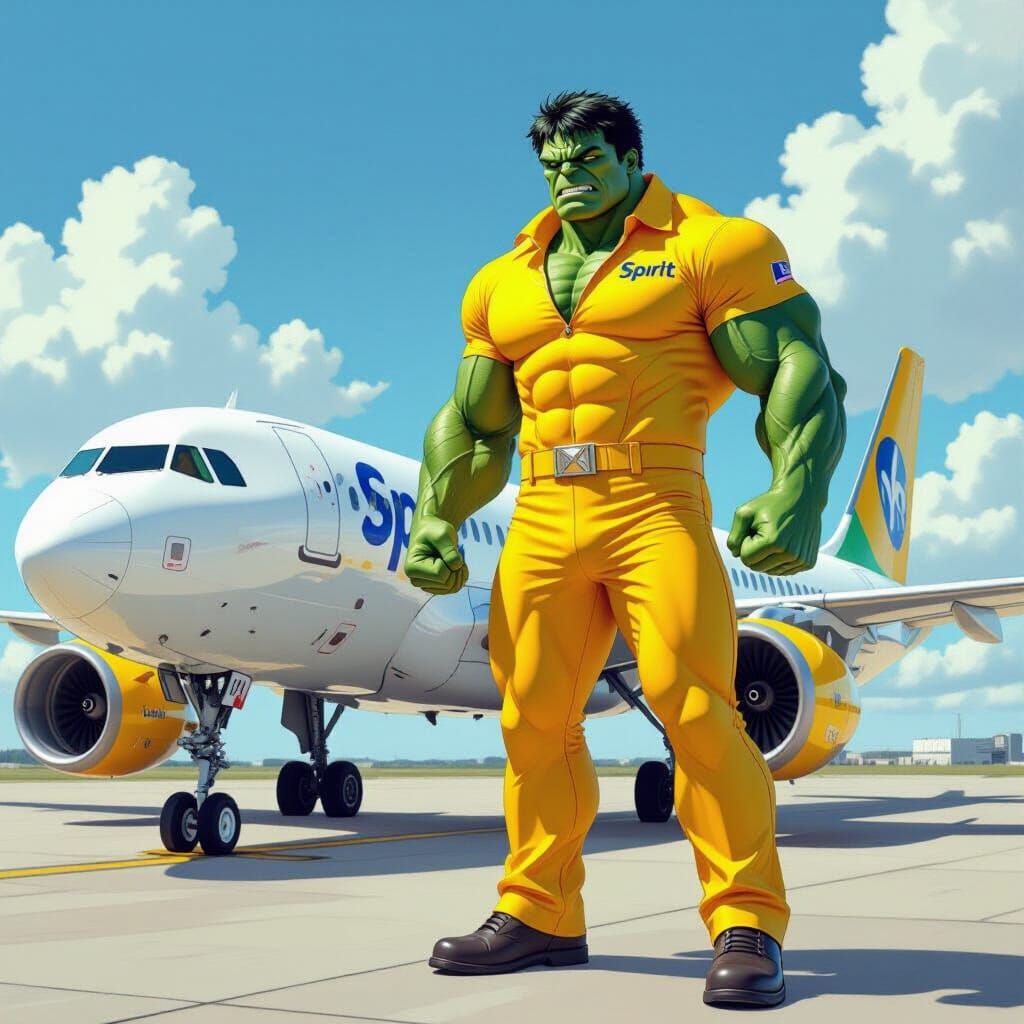 Hulk in Spirit Airlines Uniform, Vibrant Art Style