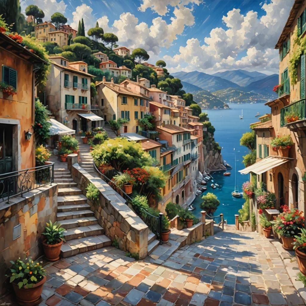 Portofino Summer Scene as Impressionist Oil Painting
