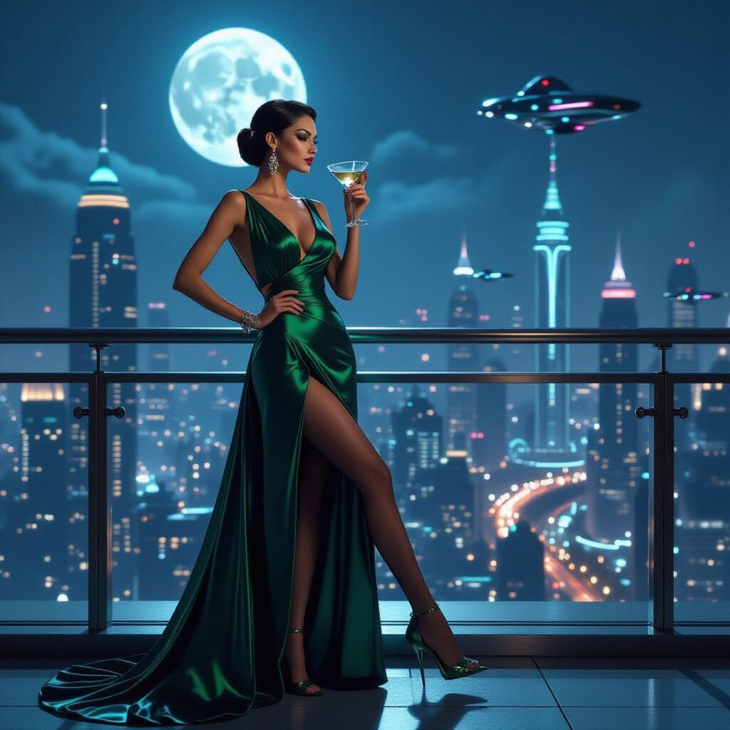 Elegant Woman in Emerald Gown on Moonlit Balcony Overlooking...