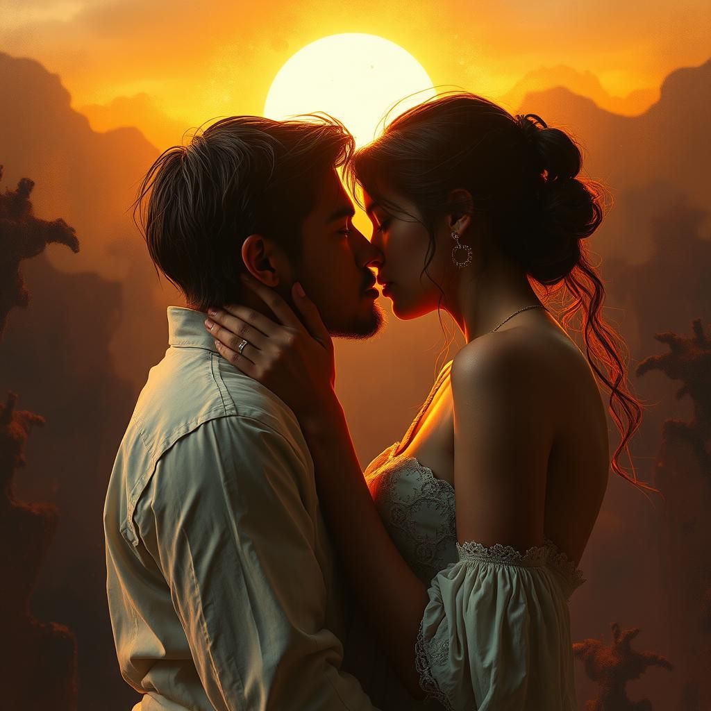 Passionate Couple Kiss in Ethereal Fantasy Landscape