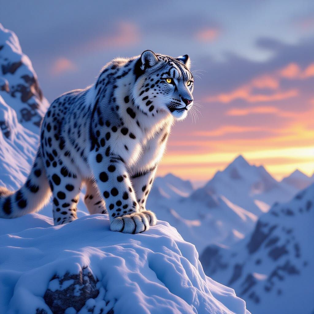 Snow Leopard on Icy Ridge in Cinematic Lighting