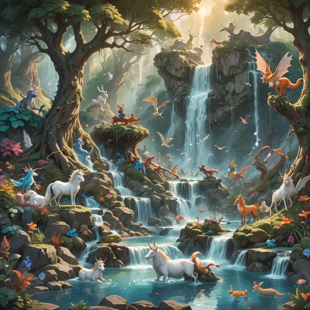 Enchanted Waterfall Scene with Mythical Creatures