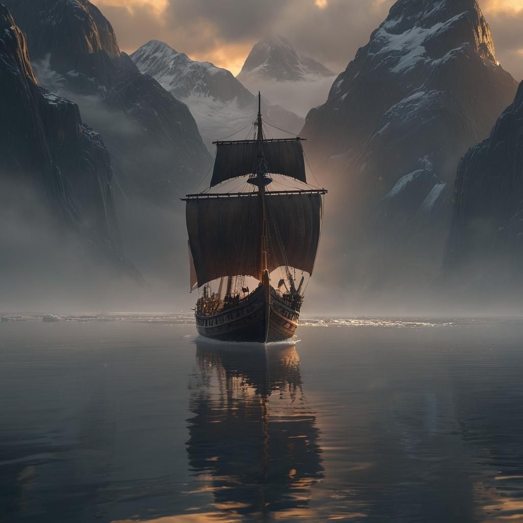 Viking Vessel Sailing Through Misty Fjord at Sunset