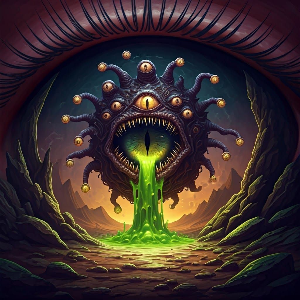 Beholder Emerges from Iris Portal in Dark Fantasy Landscape