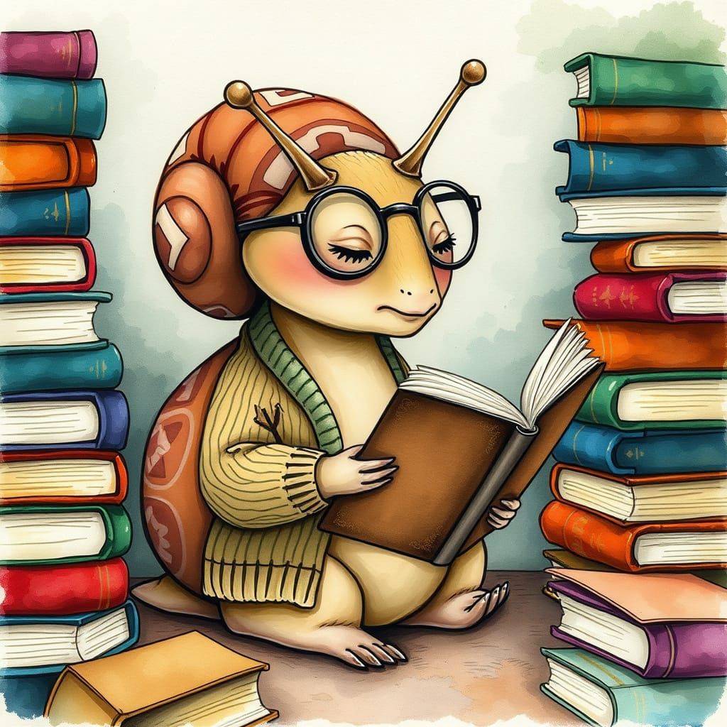 Snail Librarian Reads Surrounded by Books: Storybook Illustr...