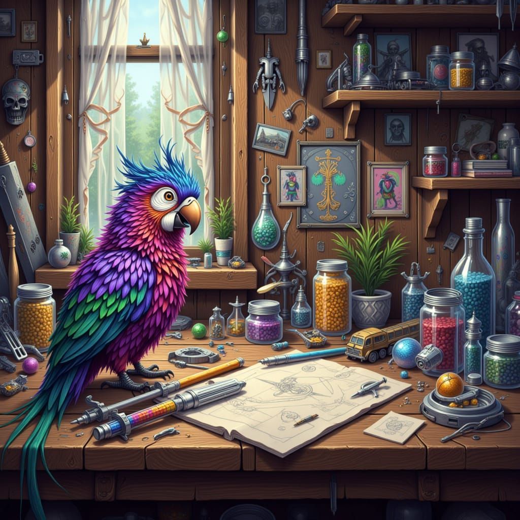 Detailed Hobby Table with Parrot and Tools