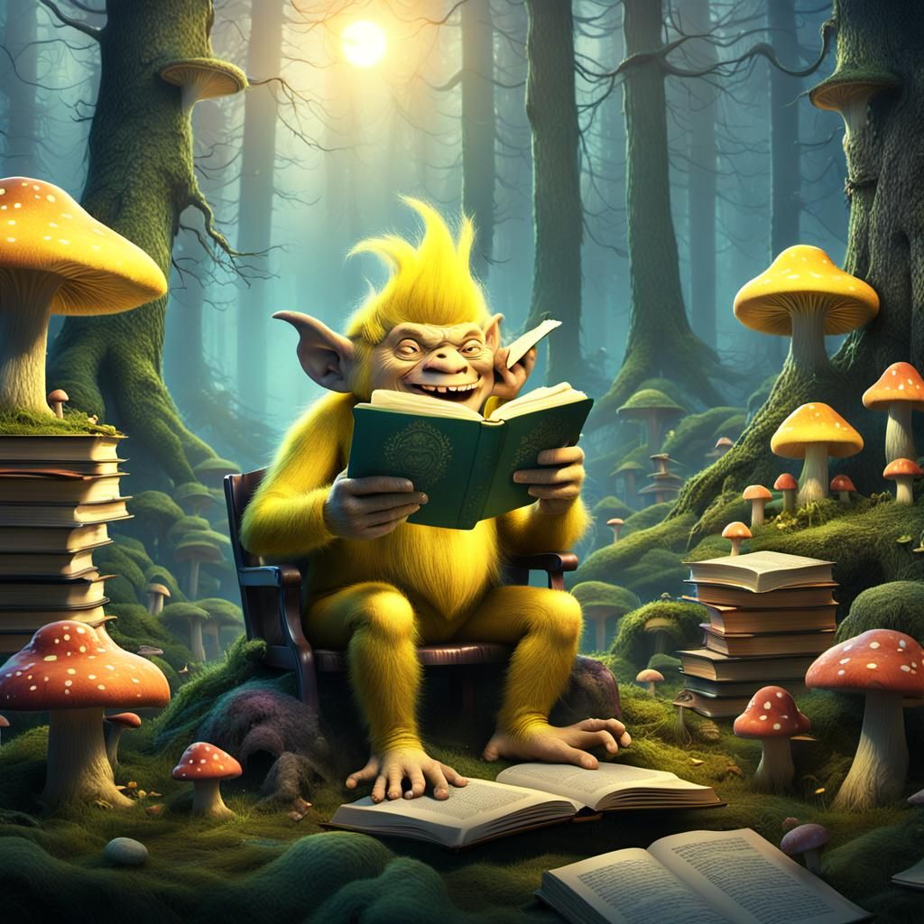 Friendly Troll Reads in Enchanted Forest Library