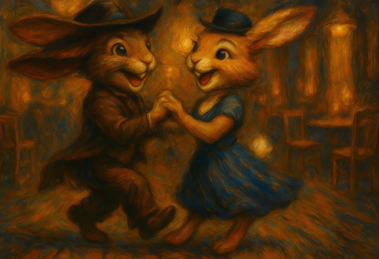Joyful Bunnies Dancing in Cozy Tavern, Expressionistic Oil P...