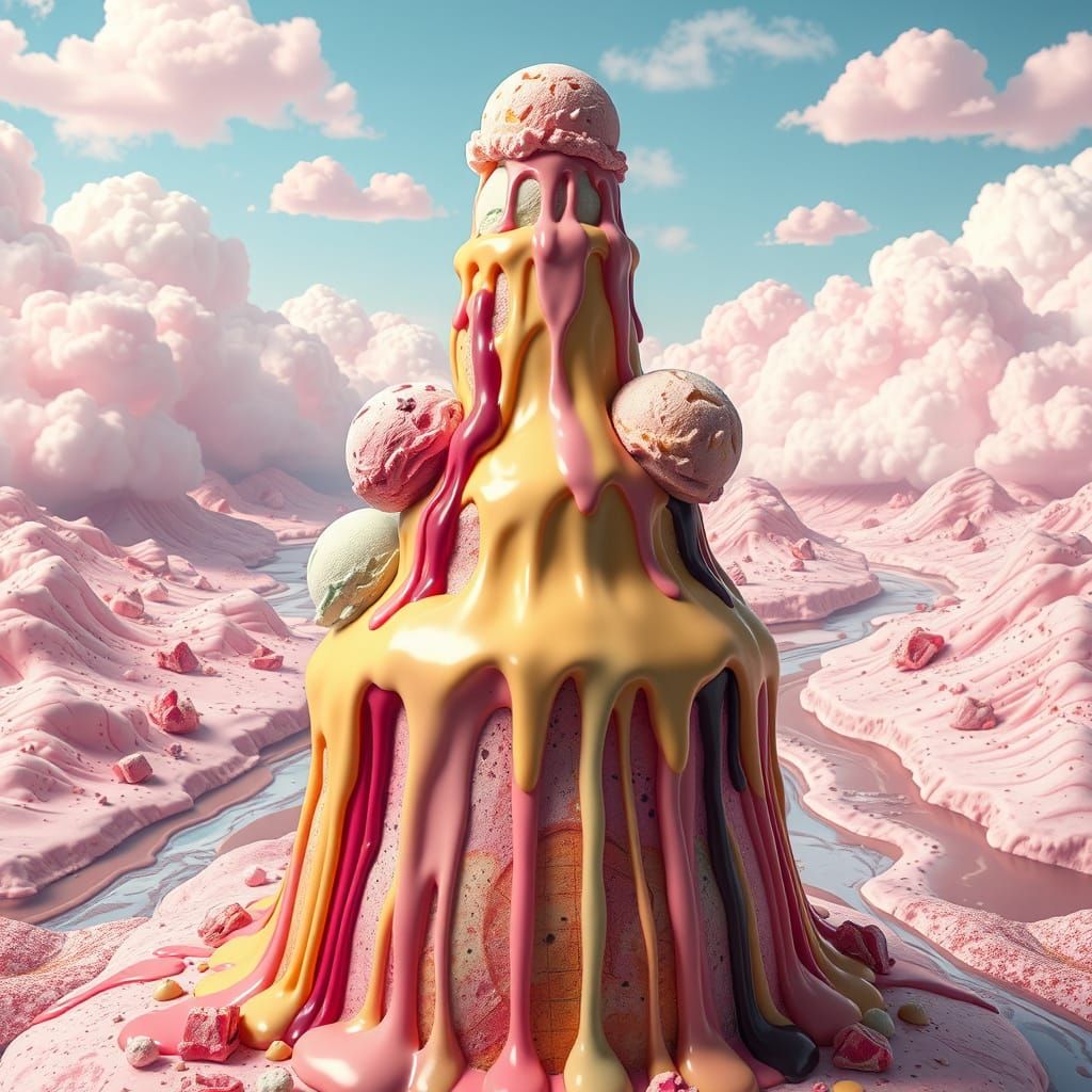 Surreal Melting Ice Cream Tower in Dreamy Landscape
