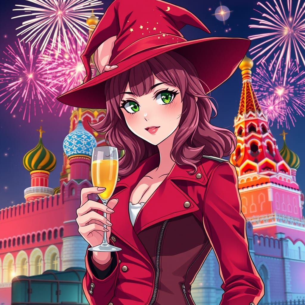 Majestic Witch Woman Sips Champagne by Kremlin's Savior Towe...