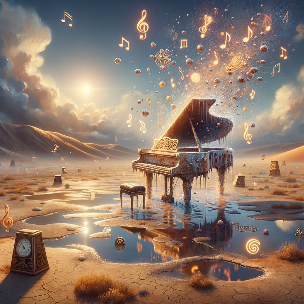 Melting Piano Desert Dreamscape in Surreal Style