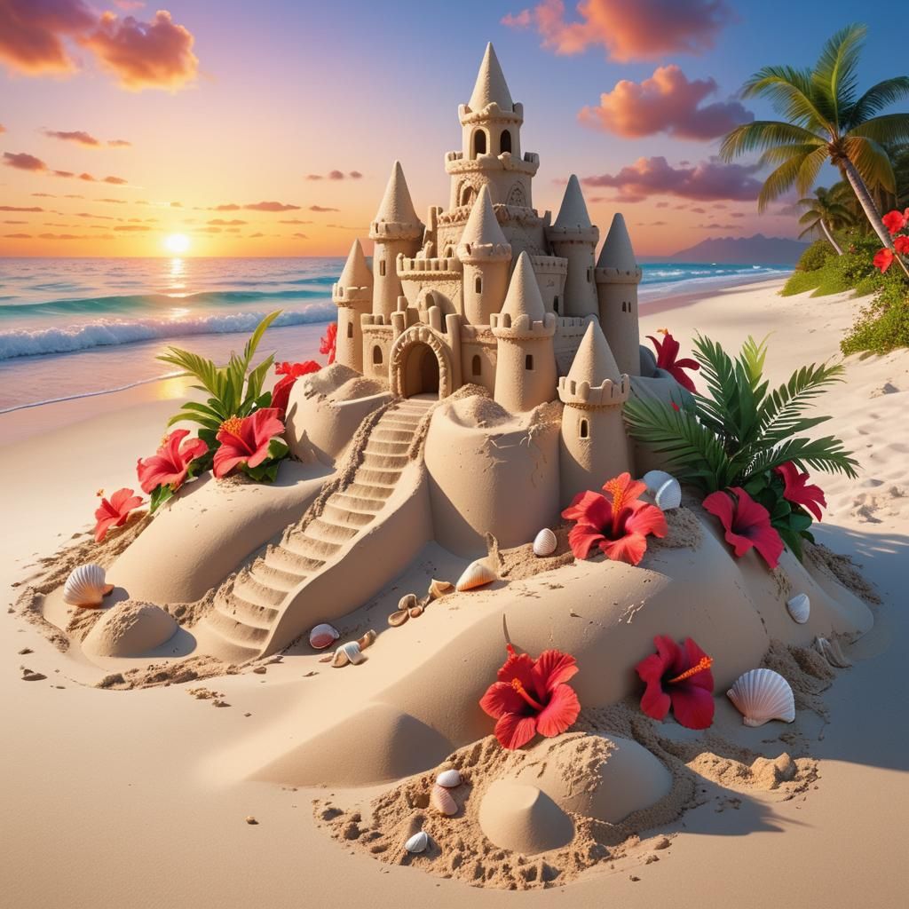 Hyperrealistic Sandcastle on Tropical Beach at Sunset
