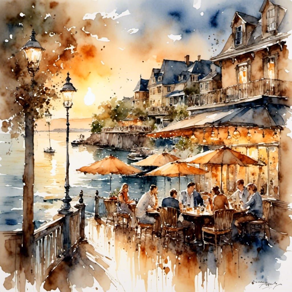 Seaside Cafe: Dripping Ink Watercolor at Sunset
