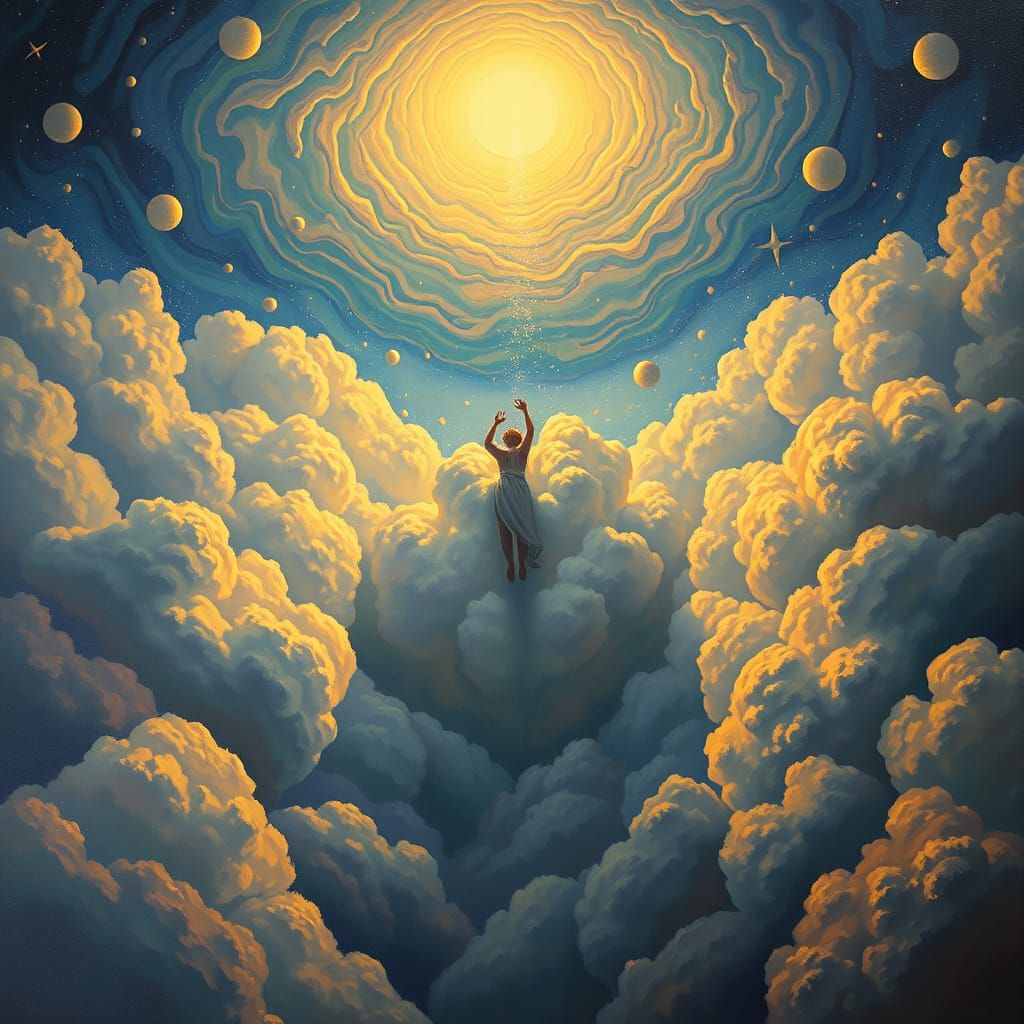 Surreal Dreamscape Painting of Figure Reaching for Light