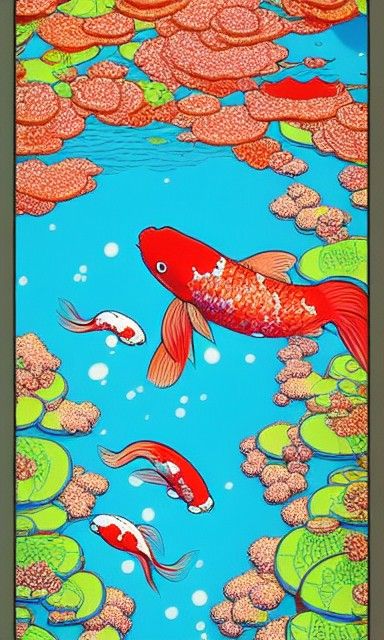Koi Fish Swimming in Cityscape, Cel-Shaded Art