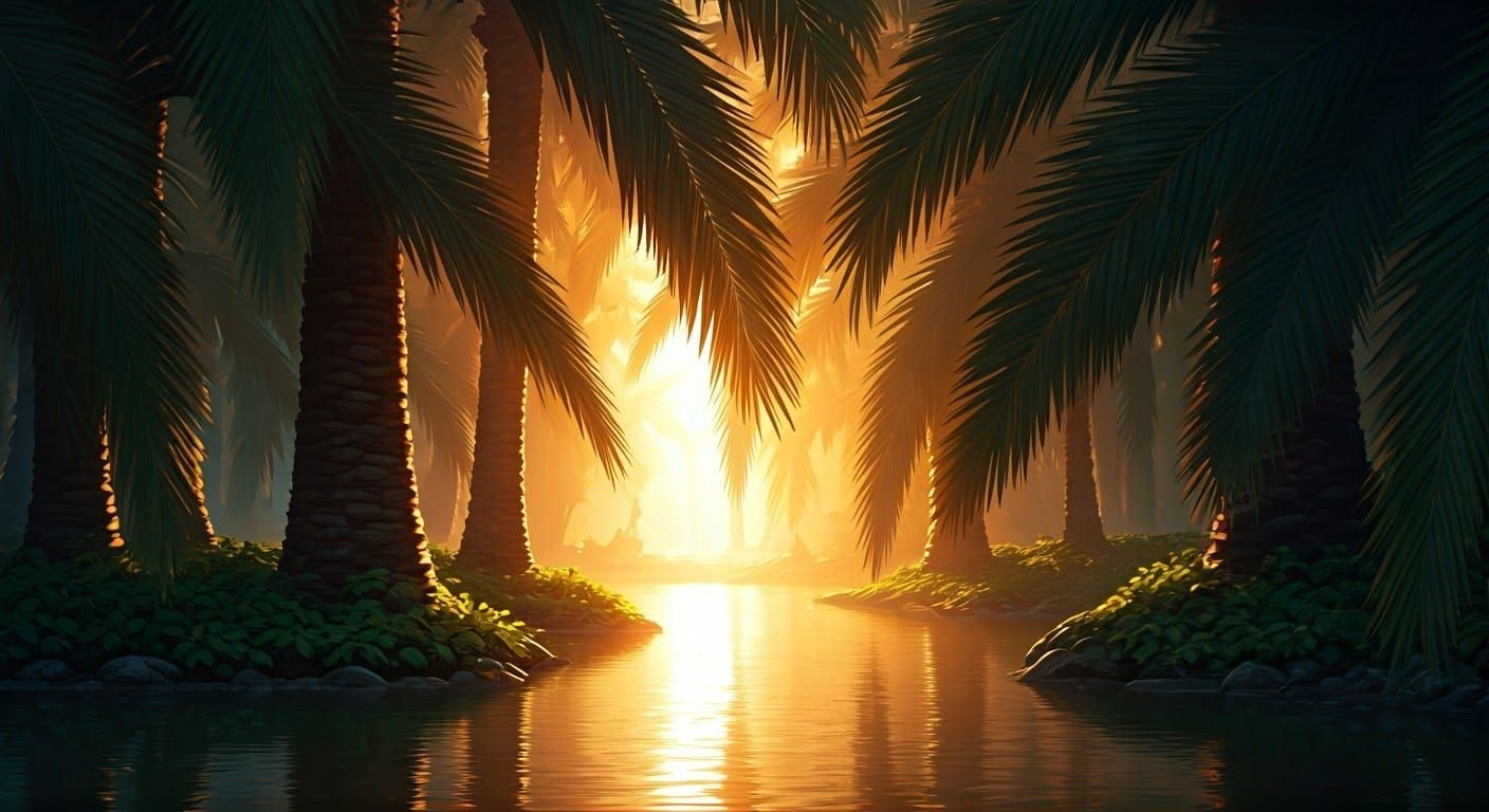Sun-Drenched Pond: Palm Trees in Hyperrealistic Style