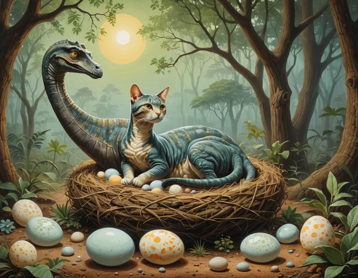 Surreal Painting: Brachiosaurus Nest with Sleeping Cat