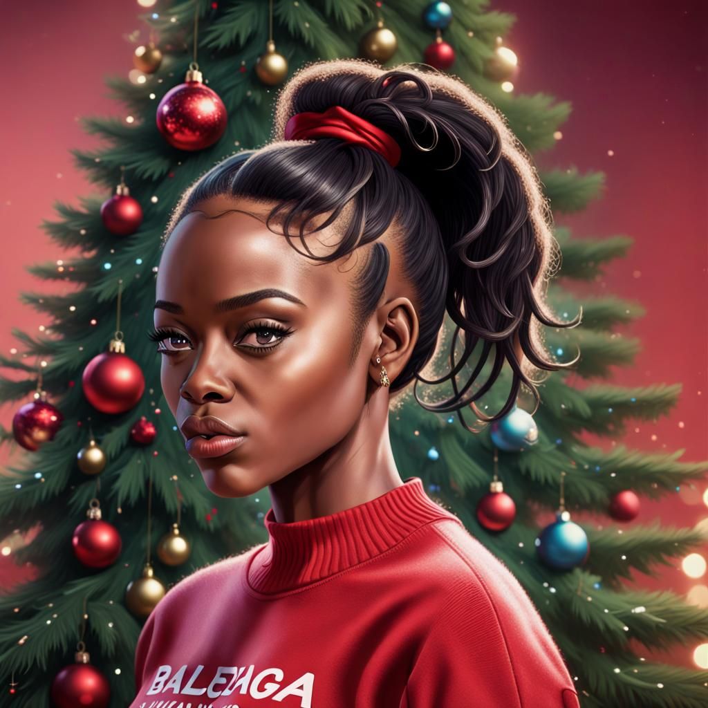 Hyperrealistic Portrait of Woman with Christmas Tree